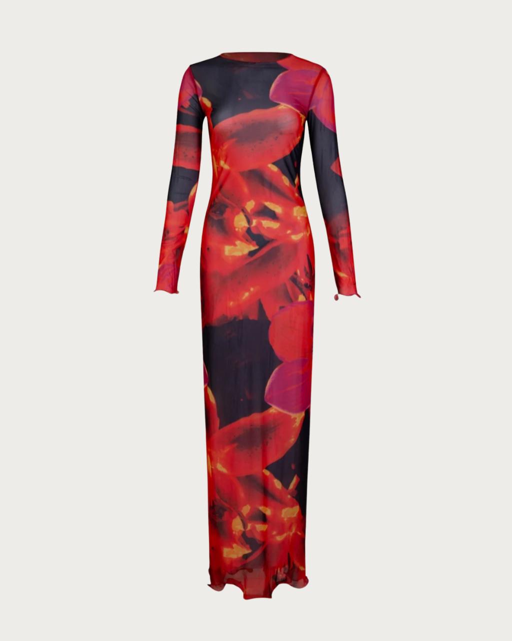 Skarlagenrød kjole med lange ærmer